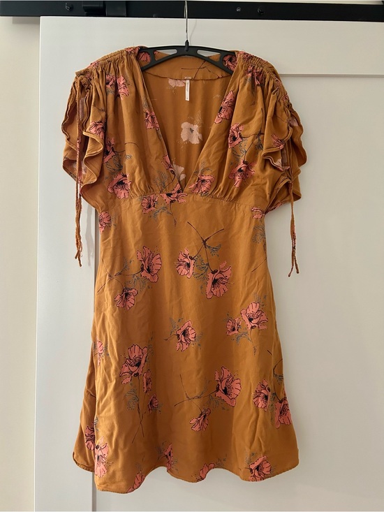Free People Dresses & Skirts - Free People Mustard Floral Mini Dress with Pink Flowers